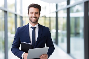Fototapeta premium A smiling business man in a suit and tie holding a laptop and standing confidently in a modern office setting