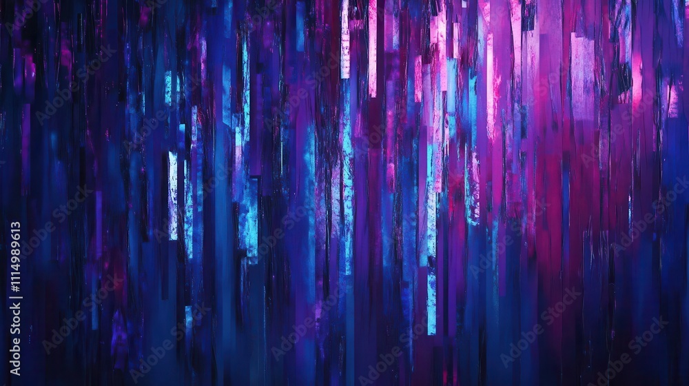 Poster dramatic abstract background featuring vertical lines of blue and purple light, interspersed with gl