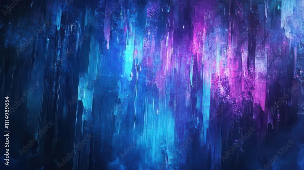 Poster dramatic abstract background featuring vertical lines of blue and purple light, interspersed with gl