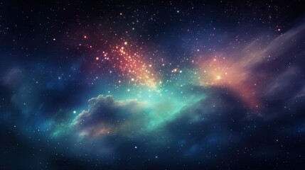 Obraz premium A wide-angle shot of a galaxy cluster with bright stars and cosmic dust creating a colorful and dynamic space environment