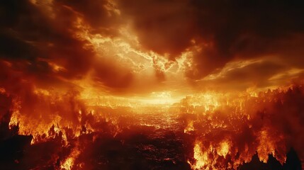Obraz premium dramatic portrayal of a hellish landscape engulfed in flames, embodying a religious concept of fiery damnation, with dark tones and intense visuals creating a sense of dread
