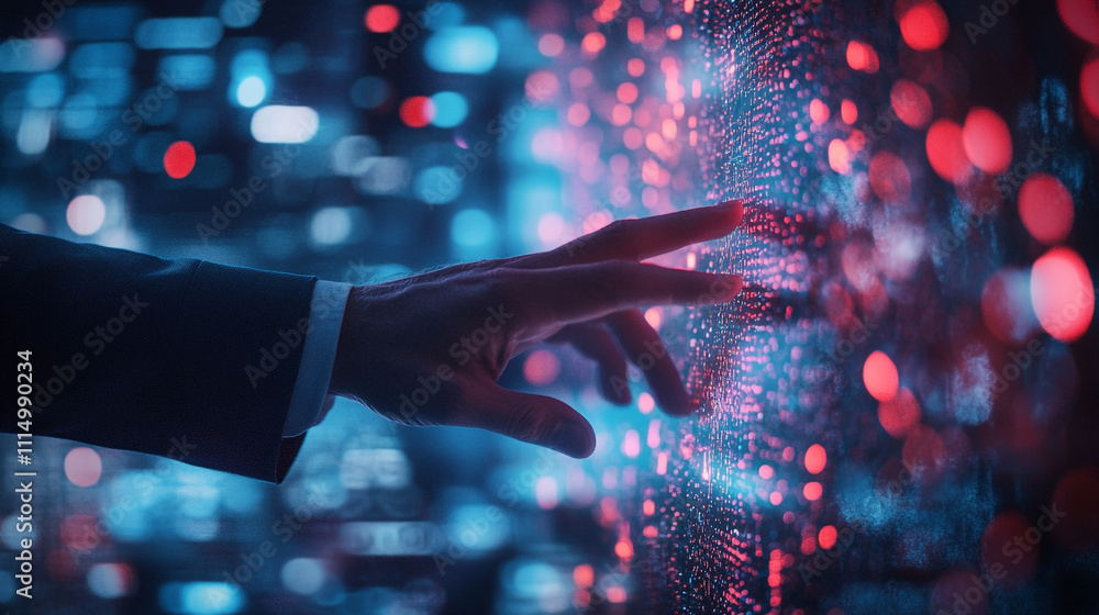 Poster hand interacts with digital interface showing vibrant data visualization and technology effects