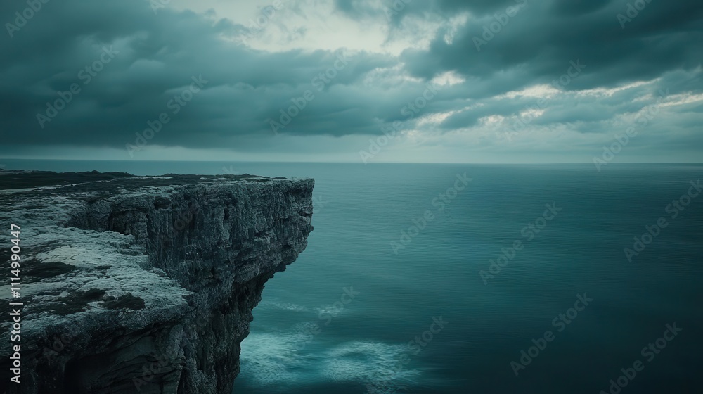 Poster dramatic view of a cliff edge overlooking a vast abyss under a cloudy sky, symbolizing the challenge