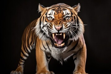 Fototapeta premium Powerful Malayan tiger mid-roar showing sharp claws and teeth isolated on black background