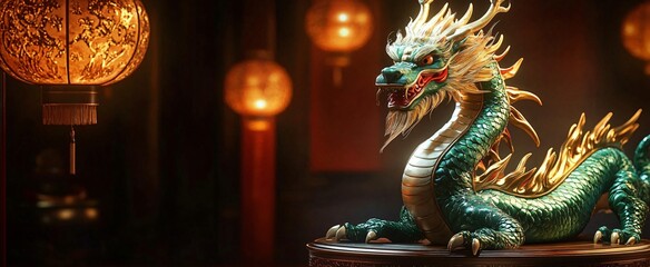 Fototapeta premium A stunning dragon statue on an ornate pedestal, ideal for Asian-themed decor, cultural events, or fantasy designs. Perfect for showcasing mystique and grandeur.