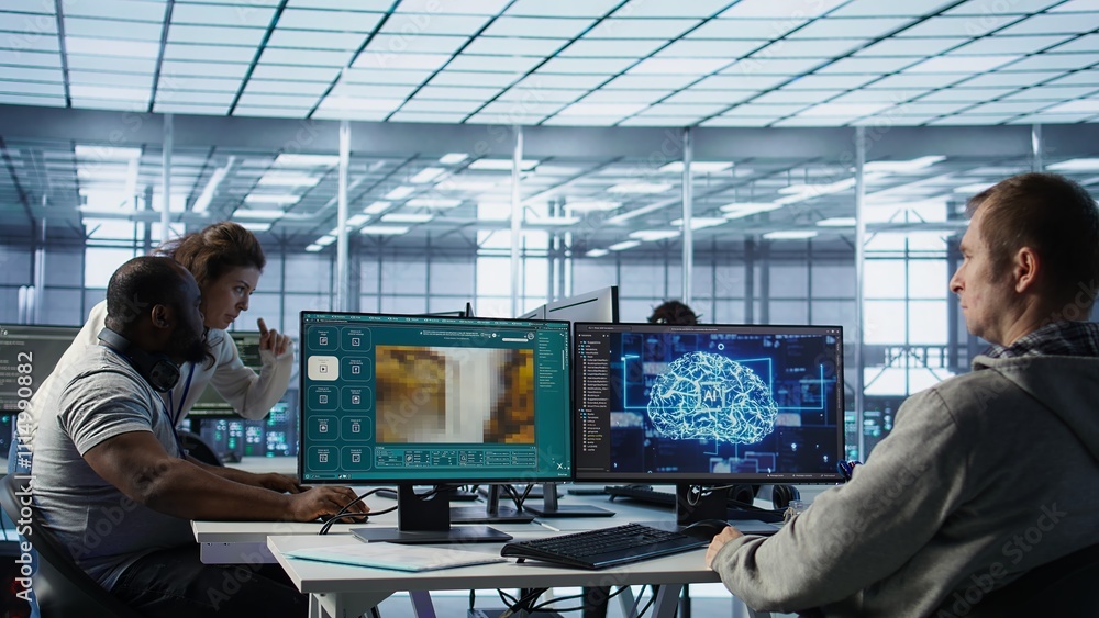 Poster computer scientist in server room making software producing ai generated videos. it specialist build