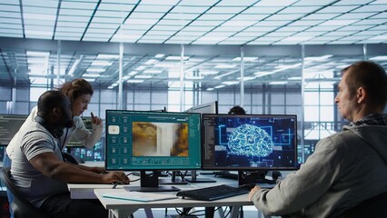 Computer scientist in server room making software producing AI generated videos. IT specialist...