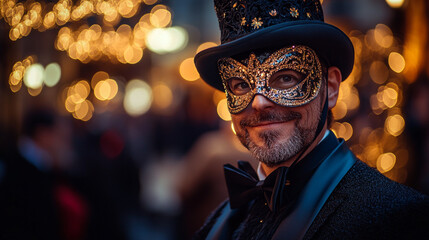 Fototapeta premium Elegant masked man in festive attire at a lively celebration during evening hours