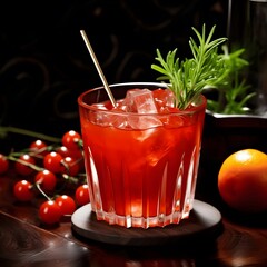 Iced tomato juice served in a clear glass with ice, a rich texture that adds freshness, topped with fresh rosemary and cherry tomatoes, perfect for advertising premium drinks.