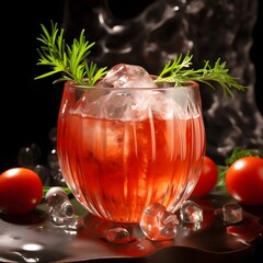 Chilled tomato juice served in a clear glass with ice, bright red for a refreshing moment, topped with fresh rosemary and cherry tomatoes, looks like a professional studio shot.