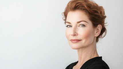 Fototapeta premium elegant 50s mid-aged woman with smooth, glowing skin, isolated on a white background, embodying timeless beauty and elegance, beauty and skincare concept