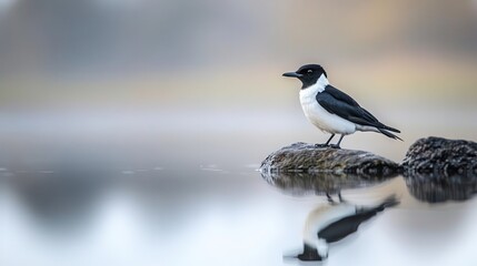 elegant black and white bird gracefully perched on a tranquil lakeshore, reflecting its serene posture in the still water under a soft, muted sky