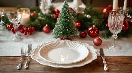 Fototapeta premium elegant christmas dinner setting with a beautifully decorated table featuring a pristine white plate, glimmering cutlery, cheerful decorations, and a small fir tree centerpiece, evoking festive warmth