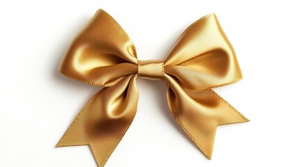 elegant golden bow floats against a pristine white background, shimmering satin ribbon glinting in soft light, ready to adorn gifts for every festive occasion