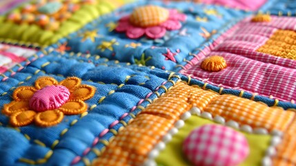 Colorful patchwork quilt detail with buttons and embroidery.