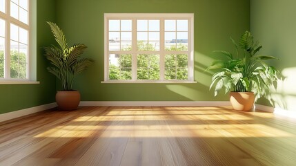 empty living room with potted plants, green walls, and a warm hardwood floor, exuding a serene, refreshing atmosphere and a seamless blend of nature with modern home interiors
