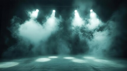empty stage illuminated by dramatic spotlights and swirling smoke, a perfect setting for a performance, with ample space for creativity and expression