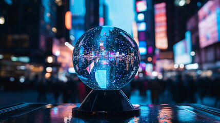 Fototapeta premium Snow globe captures vibrant Times Square lights and bustling crowds at dusk