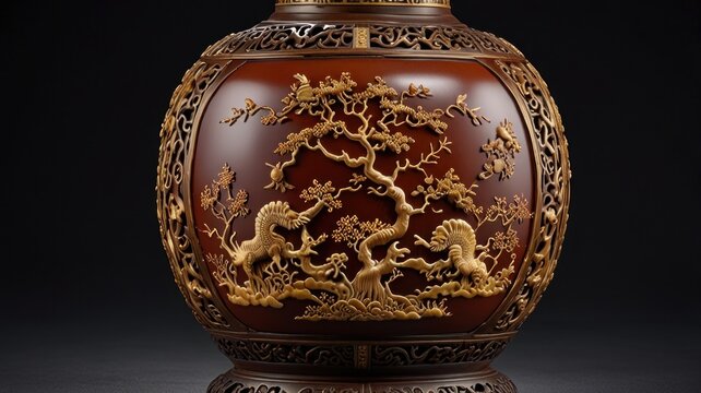 Intricate carved wooden vase with gold accents, depicting animals and trees.