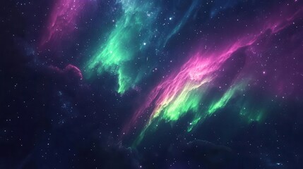 Obraz premium ethereal northern lights, vibrant auroras dance across starry skies, mystical hues of green and purple, serene night landscape, celestial spectacle, magical ambiance