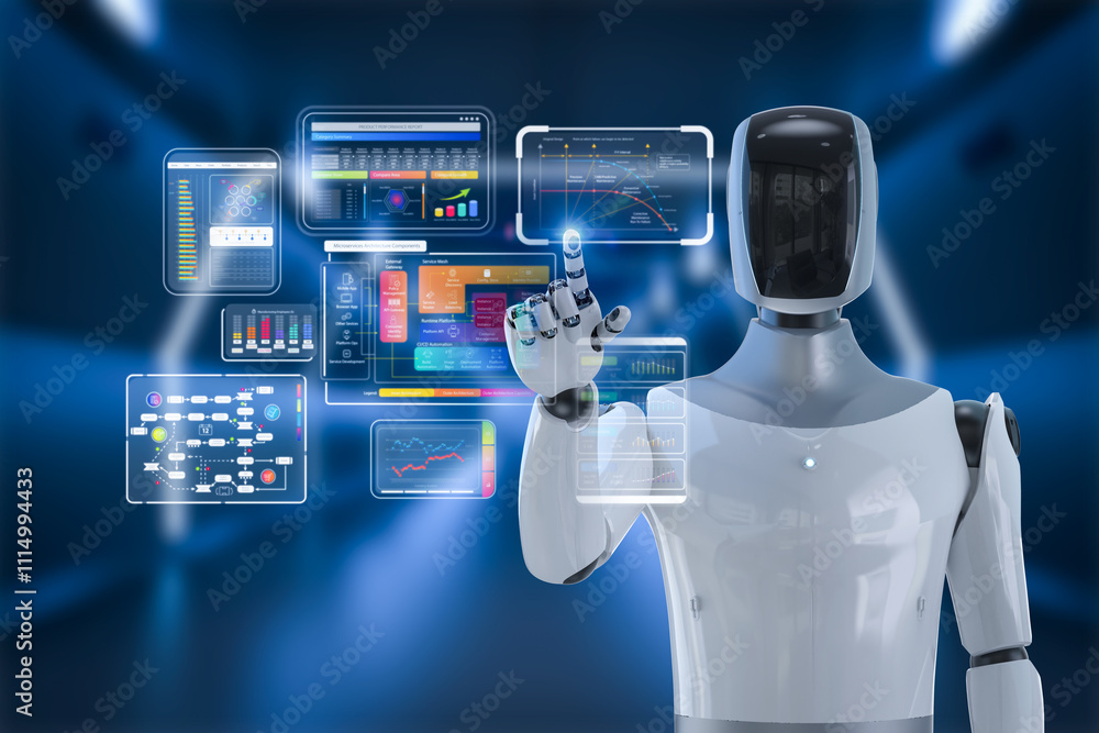 Poster ai technology with humanoid robot with hud graphic interface