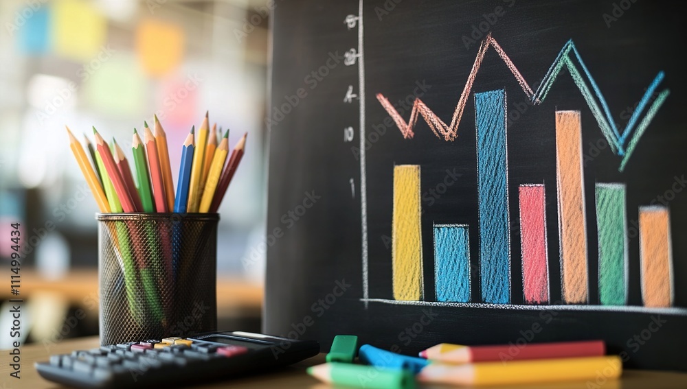Poster analyzing colorful charts: data visualization with pencils and chalk, exploring growth trends and st