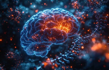 Obraz premium Human Brain DNA Virus Particles and Medicine Concept Digital Artwork