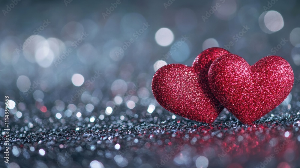 Poster two shimmering red hearts rest on a dark, sparkling surface, creating a romantic and enchanting atmo