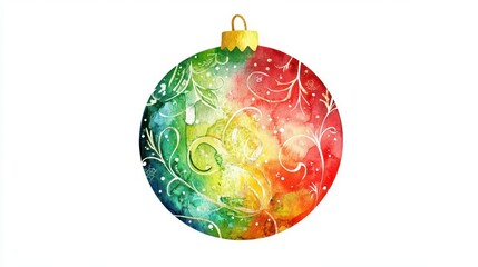 Fototapeta premium festive watercolor christmas ball with intricate patterns, vibrant reds and greens, and shimmering highlights, perfect for holiday clipart