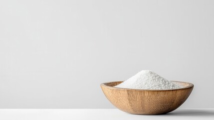 fine, white powder displayed in a rustic wooden bowl against a clean white background, highlighting its purity and texture, creating a minimalist and elegant presentation
