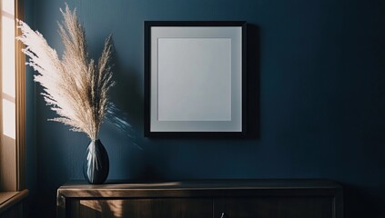Sunlight Illuminates Pampas Grass in Vase near Modern Frame on Dark Wall, Enhancing Home Decor Aesthetic.