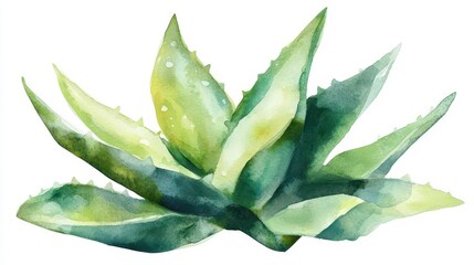 Obraz premium fine watercolor illustration of aloe vera, with detailed textures and vibrant green hues, presented isolated on a white background, symbolizing health and beauty