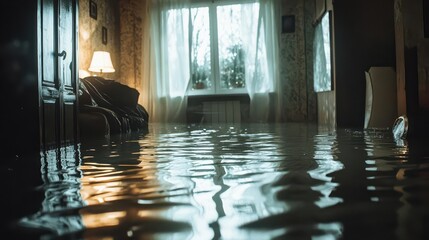 flooded house interior, water rising and creating a chaotic scene; an insurance case scenario with dramatic lighting and reflections, highlighting the urgency and impact of flooding