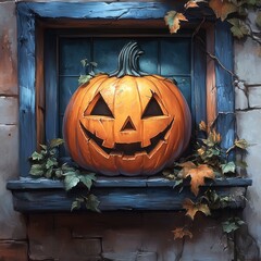 Obraz premium Halloween, illustration of a pumpkin lantern standing on a windowsill.
