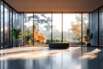 Fototapeta premium Modern office interior with large windows bright natural light minimalist furniture serene atmosphere