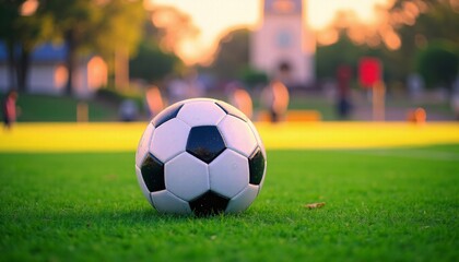 Soccer Ball on Green Field at Sunset - High Quality Image for Sports, Football, Outdoor Training, Sports Equipment, Football Game, Outdoor Leisure
