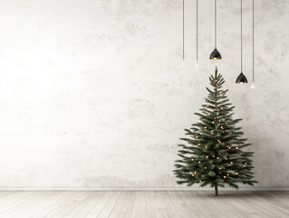 A minimalist interior featuring a Christmas tree with lights against a white wall, creating a modern festive atmosphere.