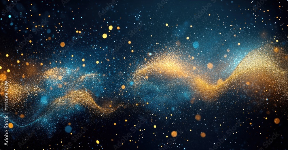 Poster abstract blue and gold particle background with glistering light and bokeh effects for holiday and c