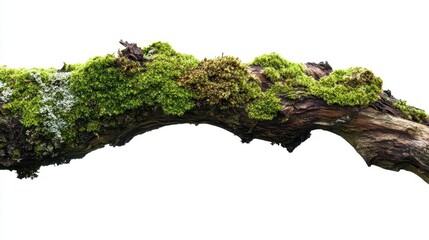 fresh moss blankets a decaying branch, detailed textures of green and brown contrasting against the pure white background, side view emphasizing nature's reclamation