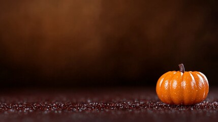 Small orange pumpkin on dark brown background.