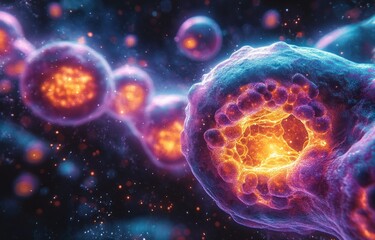 Obraz premium Detailed Cellular Illustration of Human Cell Anatomy in Surreal Style with Vibrant Colors and Dynamic Lighting Effects