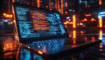 Glowing Laptop Screen Displaying Code in Dark Cyberpunk Environment with Neon Lights and Technology