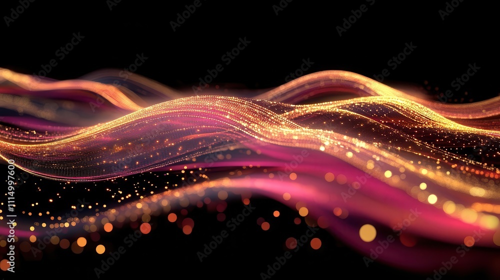 Aufkleber futuristic abstract background featuring glowing neon wave lines in gold and pink, flowing dynamical