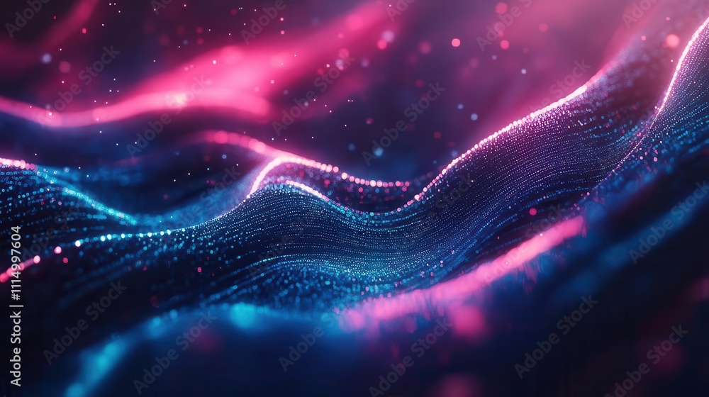 Poster futuristic abstract background showcasing vibrant pink and blue neon wave lines in high speed, shimm