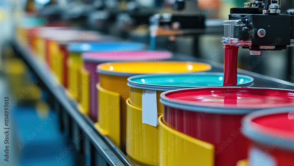 Poster automated paint production line: conveyor system distributes colorful liquid paint efficiently in fa