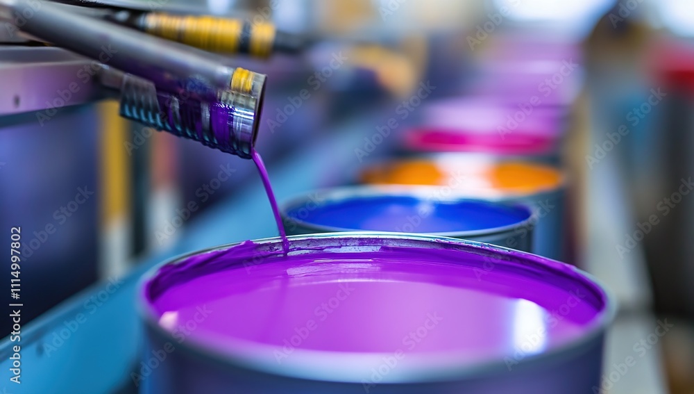 Poster vibrant ink flows into containers: a close-up view of the printing process, showing colorful ink and