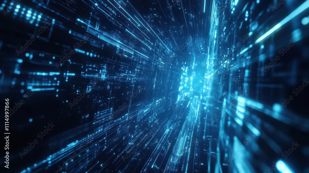 Poster futuristic cityscape with digital lines and dots, symbolizing high-speed internet and global network