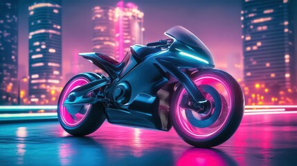 futuristic cyberpunk motorbike poised against a cityscape, neon lights reflecting off sleek surfaces, dynamic angles creating a sense of speed and adventure, vibrant urban colors