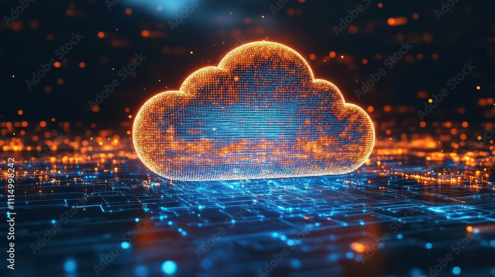 Aufkleber futuristic hologram depicting cloud computing with dynamic blue and golden lights, representing the 