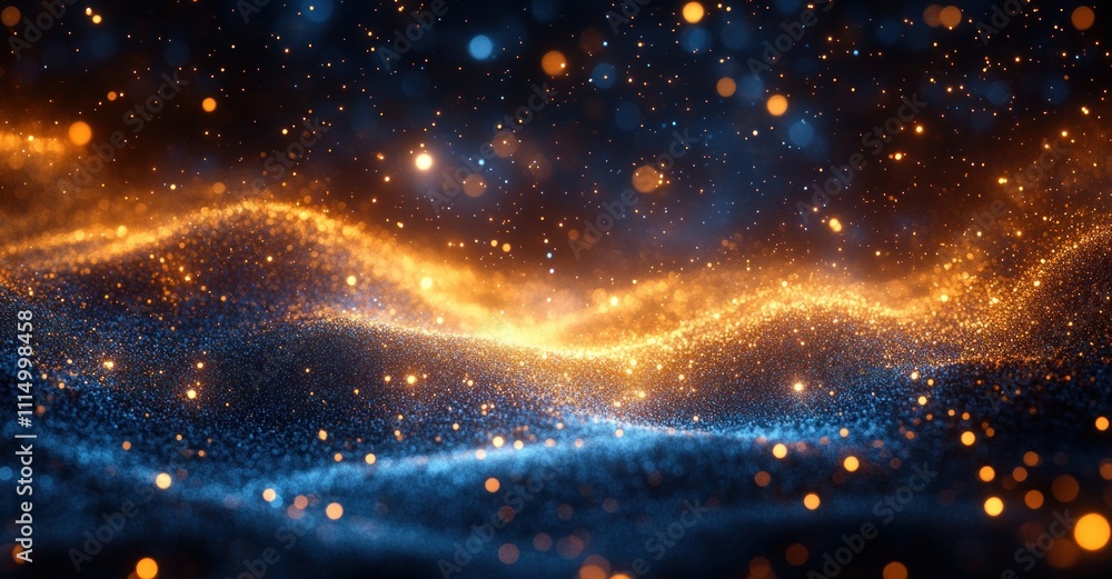 Poster dynamic abstract background with golden shimmering particles and blue bokeh light for holiday and ch